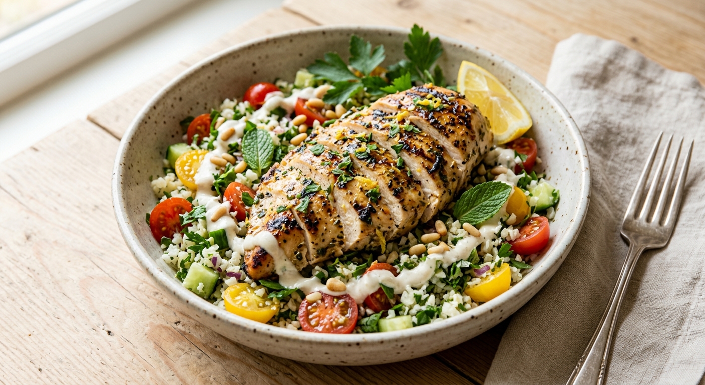 Mediterranean Lemon Herb Chicken Bowl with Cauliflower Tabbouleh